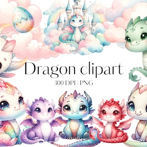 19 Dragon clipart Watercolor Dragon PNG Fantasy dragon clipart Nursery decor Junk journal Scrapbooking Cute baby dragon clipart