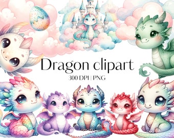 19 Dragon clipart Watercolor Dragon PNG Fantasy dragon clipart Nursery decor Junk journal Scrapbooking Cute baby dragon clipart