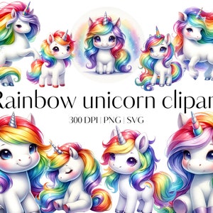 15 Rainbow Unicorn clipart paquete Unicorn clip art elementos Unicornio PNG SVG Fondo transparente Kawaii unicornio Vivero clipart