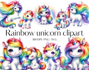 15 Rainbow Unicorn clipart bundle Unicorn clip art elements Unicorn PNG SVG Transparent background Kawaii unicorn Nursery clipart