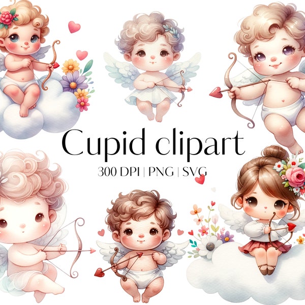 12 Cupid clipart Watercolor Baby Angel Clipart PNG SVG Nursery Clipart Cute Baby Clipart printable Junk journal Scrapbooking Valentine's day