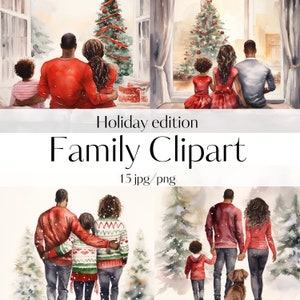 15 Watercolor Christmas black family clipart High Quality JPGs Clipart bundle Winter Family Card Making Digital Paper Craft Scrapbooking