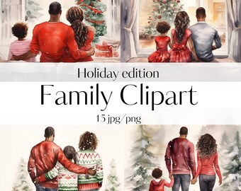 15 Watercolor Christmas black family clipart High Quality JPGs Clipart bundle Winter Family Card Making Digital Paper Craft Scrapbooking