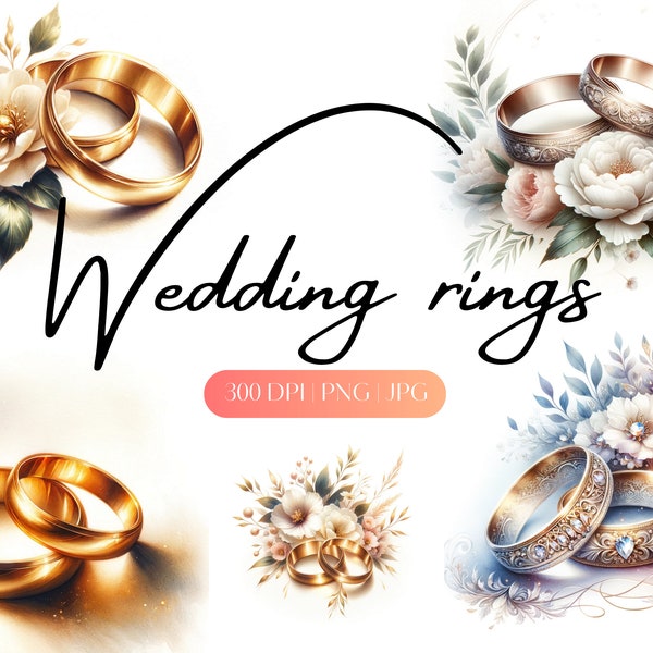 10 Wedding rings clipart JPG Bridal rings PNG Junk journal Wall art Scrapbooking Watercolor rings clipart Wedding Invitation clipart