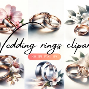 9 Anillos de boda clipart JPG Anillos de novia PNG Diario basura Arte de pared Scrapbooking Anillos de acuarela clipart Invitación de boda clipart