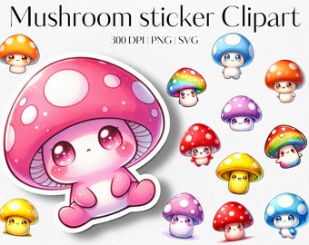 30 Watercolor cute mushroom PNG bundle Mushroom clipart Printable stickers Cricut stickers clipart Vector files - SVG designs Magic mushroom