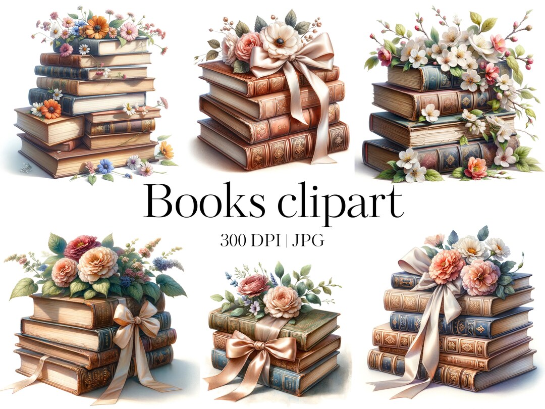 12 Vintage Floral Books Clipart | Shabby Chic Books Pile Clipart | High ...