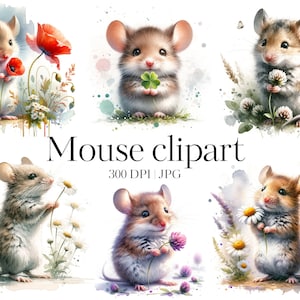 Clipart de rato e flor | 16 JPG de alta qualidade | Clipart de mouse aquarela | Rato floral | Papel artesanal, Junk Journal, Scrapbooking, Decoupage