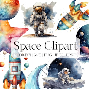 12 Aquarela Espaço Clipart Pacote SVG Astronauta clipart PNG Nave espacial Decoração de berçário Espaço sideral svg Imagens digitais Scrapbooking