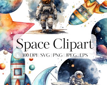 12 Watercolor Space Clipart Bundle SVG Astronaut clipart PNG Spaceship Nursery Decor Outer space svg Digital Images Scrapbooking