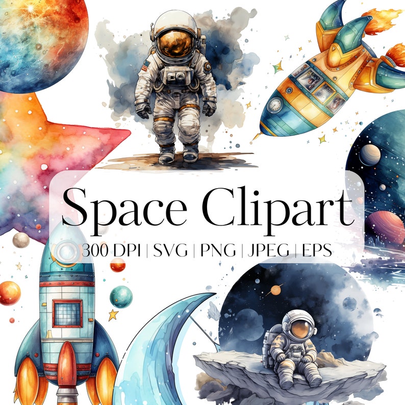 12 Watercolor Space Clipart Bundle SVG Astronaut Clipart PNG Spaceship ...