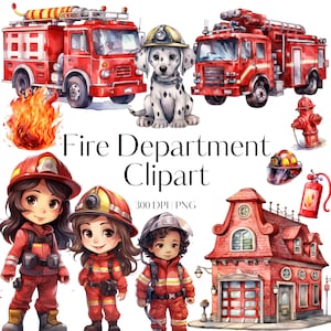12 Fire Department Watercolor Clipart PNG | Firetruck clipart | Girl Firefighter clipart | Fire men clipart | Nursery Clipart | Firetruck