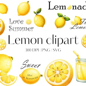15 Lemon clipart Lemon SVG bundle Lemon PNG bundle Summer clipart Fruit clipart Watercolor lemon Lemonade svg Commercial use
