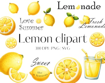 15 Lemon clipart Lemon SVG bundle Lemon PNG bundle Summer clipart Fruit clipart Watercolor lemon Lemonade svg Commercial use