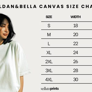 The image is a canvas size chart for GILAN & BELLA clothing, featuring a woman in a white t-shirt. The chart provides the size and width for different shirt sizes, ranging from S to 4XL.