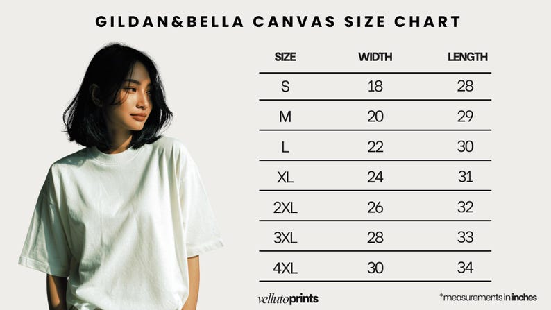 The image is a canvas size chart for GILAN & BELLA clothing, featuring a woman in a white t-shirt. The chart provides the size and width for different shirt sizes, ranging from S to 4XL.