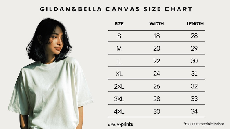 The image is a canvas size chart for GILAN & BELLA clothing, featuring a woman in a white t-shirt. The chart provides the size and width for different shirt sizes, ranging from S to 4XL.