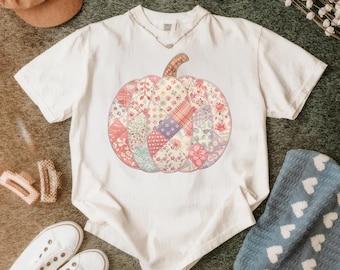 Komfort Farben Patchwork Kürbis Shirt, Preppy Fall Tee