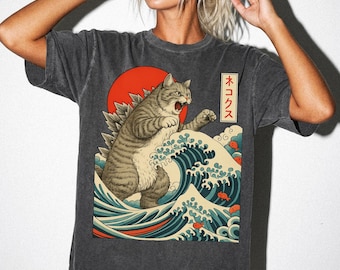 Vintage Catzilla Cat Graphic Tee, Japanese Ukiyo-e Art Print