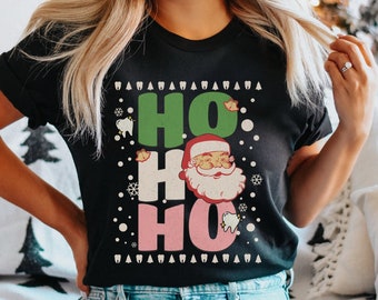 Camisa de Navidad de asistente dental, camiseta de Navidad de dentista, camiseta de vacaciones de odontología, camisas retro de grupo de oficina dental de Santa Face, regalo dental