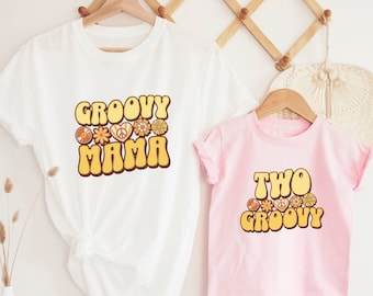 Two Groovy Mommy and Me Birthday Outfits Toddler Girl 2nd Birthday T-Shirt Matching Family Tees 2 Years Old BDay 70s Hippie Party Retro Kids