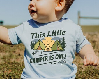 This Little Camper Is One Camping Theme First Birthday T-Shirts Camper 1st Birthday Outfit Baby Boy Girl Campfire BDay Mommy and Me Match