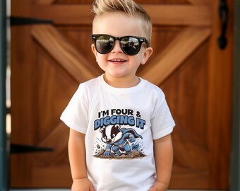 I'm Four and Digging It Shirt Super Hero 4th Birthday Shirt Four Years Old Tee Shirt Boys Superhero Theme Party T-Shirt Gift For 4 Year Old