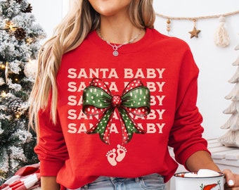 Sudadera navideña con diseño de Papá Noel para bebé, suéter con lazo coqueto, camiseta con anuncio de embarazo para vacaciones, ropa de maternidad, regalo para futuras mamás