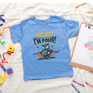 Boys 4th Birthday Shirt Superhero Theme Owl Birthday Party T-Shirt Four Years Old Shirt Kid Toddler Boy Girl Fourth BDay Tee Gift For 4 Year