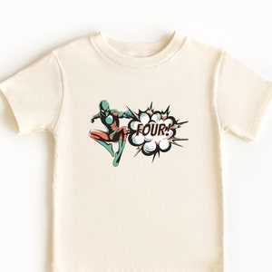 Superhero Birthday Shirt 4th BDay Outfit Four Years Old Boys Superhero Theme T-Shirt Gift For 4 Year Old Boy Fourth BDay Party Natural Kids