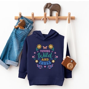 Young Wild And Three Toddler Birthday Party Shirt Girls 3rd BDay Hooded Sweatshirt 3 Year Old Toddler Shirt Butterfly Wild Flower Third BDay
