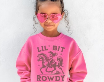 Lil' Bit Rowdy Girls Cowgirl Sweatshirt First Rodeo Birthday Outfit Horse Lovers Shirt Western Sweater Kids Granddaughter Gift Barrel Racing