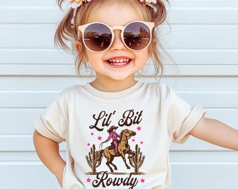 Camiseta de rodeo para niñas Lil' Bit Rowdy, atuendo del oeste para bebés, camiseta de cumpleaños del salvaje oeste, camiseta de vaquera para bebés, camiseta de cumpleaños 1.º, 2.º y 3.er, primera fiesta de rodeo