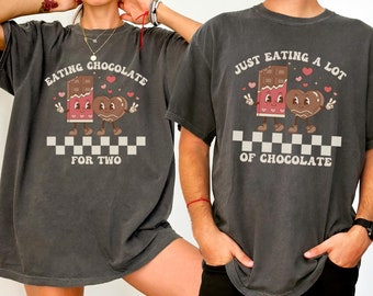 Valentines Day Pregnancy Announcement Shirts Eating Chocolate For Two Funny Baby Reveal T-Shirts February Pregnancy Tee Matching Couple Gift