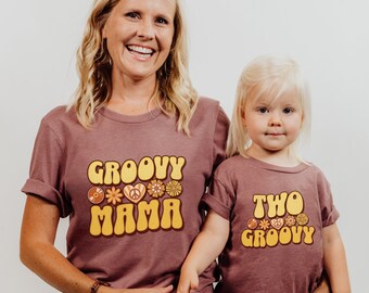 Two Groovy Mommy and Me Birthday Outfits Toddler Girl 2nd Birthday T-Shirt Matching Family Tees 2 Year Old BDay 70s Hippie Party Retro Kids