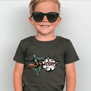 Super Hero 4th Birthday Shirt Four Years Old Tee Boys Superhero Theme T-Shirt Girl Superhero Outfit Gift For 4 Year Old Fourth BDay Party