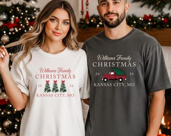 Couples Christmas Matching Shirts Family XMAS Tree Tees Personalized Last Name T-Shirt Holiday Photo Outfit Group Comfort Colors TShirt Gift