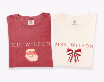 First Christmas Mr and Mrs Last Name Shirts Couples Comfort Colors Shirts Custom Newlywed Gift Matching XMAS Pajamas His and Hers PJs Santa