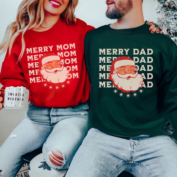 Matching Couples Christmas Sweatshirt, Merry Mom and Dad Shirts, Holiday Apparel, Couple Pajama, Family Sweater, xmas Gift, Retro Santa Face