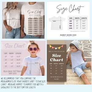 May include: Size charts for Bella + Canvas 3001 youth and toddler t-shirts. The charts show the width and length measurements in inches for different sizes. The charts are displayed on a white background with a brown border.