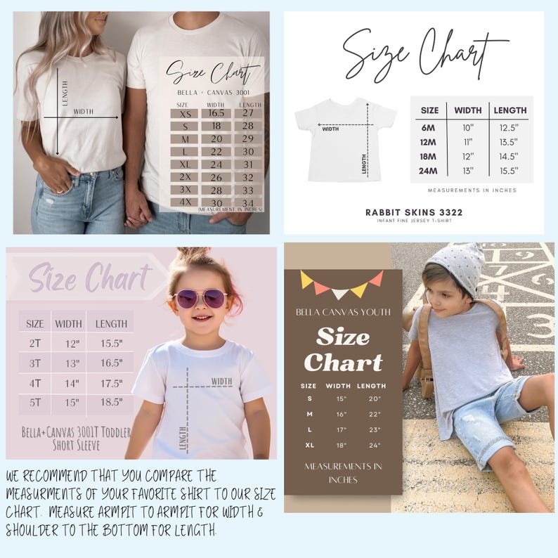 May include: Size charts for Bella + Canvas 3001 youth and toddler t-shirts. The charts show the width and length measurements in inches for different sizes. The charts are displayed on a white background with a brown border.