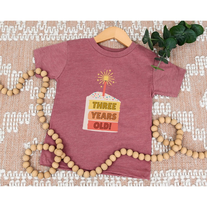 May include: A maroon toddler t-shirt with a graphic of a layered cake with a lit sparkler on top. The cake has the text "THREE YEARS OLD!" on it.