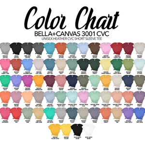 May include: Color chart for Bella + Canvas 3001 CVC unisex heather CVC short sleeve tees. The chart shows 50 different heather colors, including athletic heather, black heather, dark grey heather, deep heather, and more.
