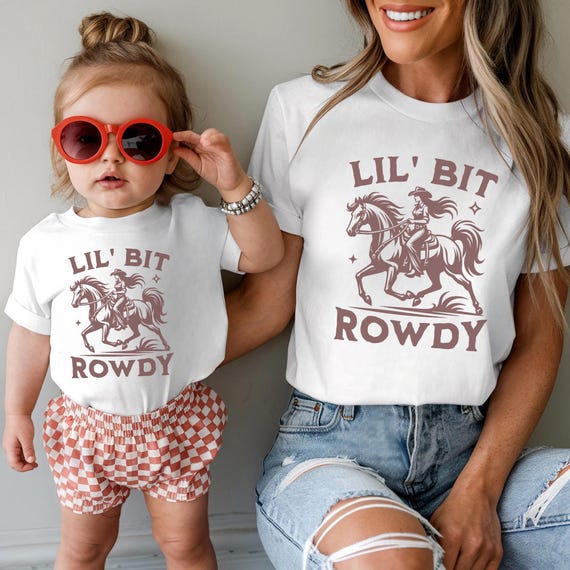Mom Daughter Matching TShirts Lil' Bit Rowdy First Rodeo Birthday Outfits Funny Cowgirl Tee Country Western Mommy and Me Set Mama Mini Shirt