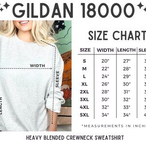 May include: Size chart for Gildan 18000 heavy blended crewneck sweatshirt. The chart shows measurements in inches for width, length, and sleeve length for sizes S through 5XL.