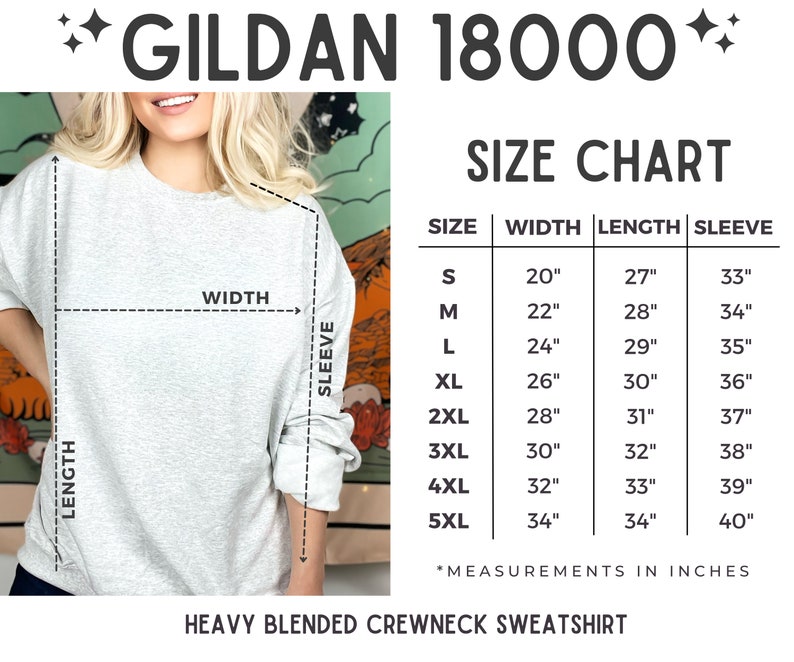May include: Size chart for Gildan 18000 heavy blended crewneck sweatshirt. The chart shows measurements in inches for width, length, and sleeve length for sizes S through 5XL.