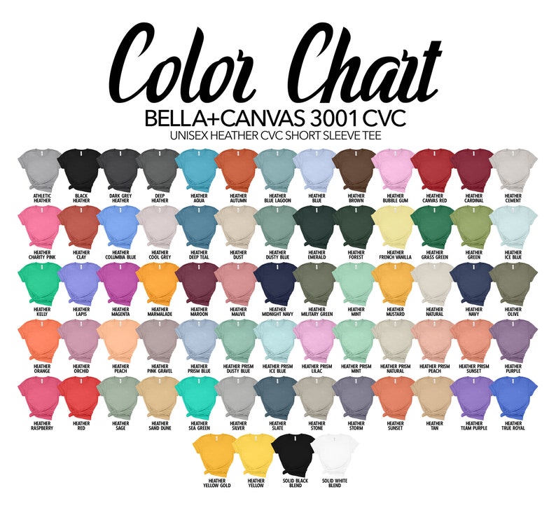 Pu&ograve; includere: Tabella colori per t-shirt a maniche corte unisex Bella + Canvas 3001 CVC in misto cotone. La tabella mostra 50 diversi colori in misto cotone, tra cui misto cotone atletico, misto cotone nero, misto cotone grigio scuro, misto cotone profondo, e altro ancora.