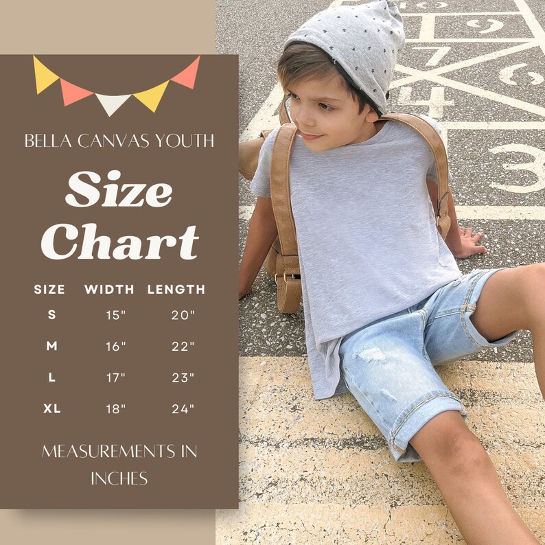 May include: Size chart for youth clothing with measurements in inches. The chart shows sizes S, M, L, and XL with corresponding width and length measurements.