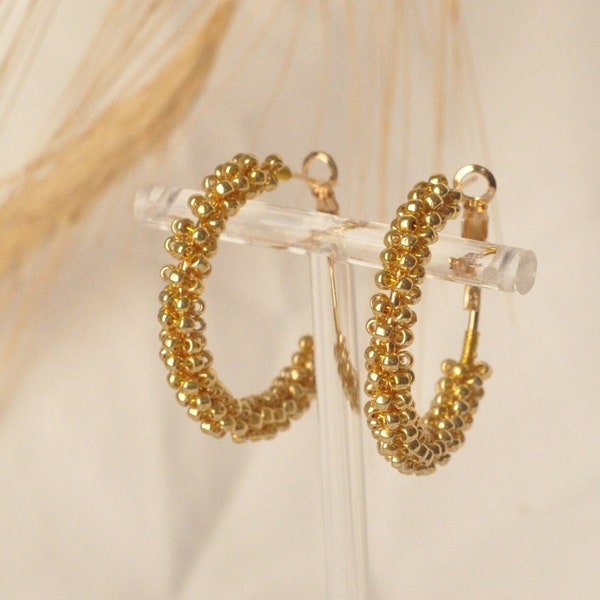 Gold Beaded earrings Seed Bead Hoop Earrings Dainty Everyday Jewelry Beaded Woven Earrings Colorful earrings Wire wrapped hoop Small Large
