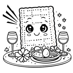 Puede incluir: Un dibujo en blanco y negro de un plato de Seder con matzá, charoset, un huevo duro y rábano picante. Dos vasos de vino están a cada lado del plato. La matzá tiene una cara de dibujos animados linda.